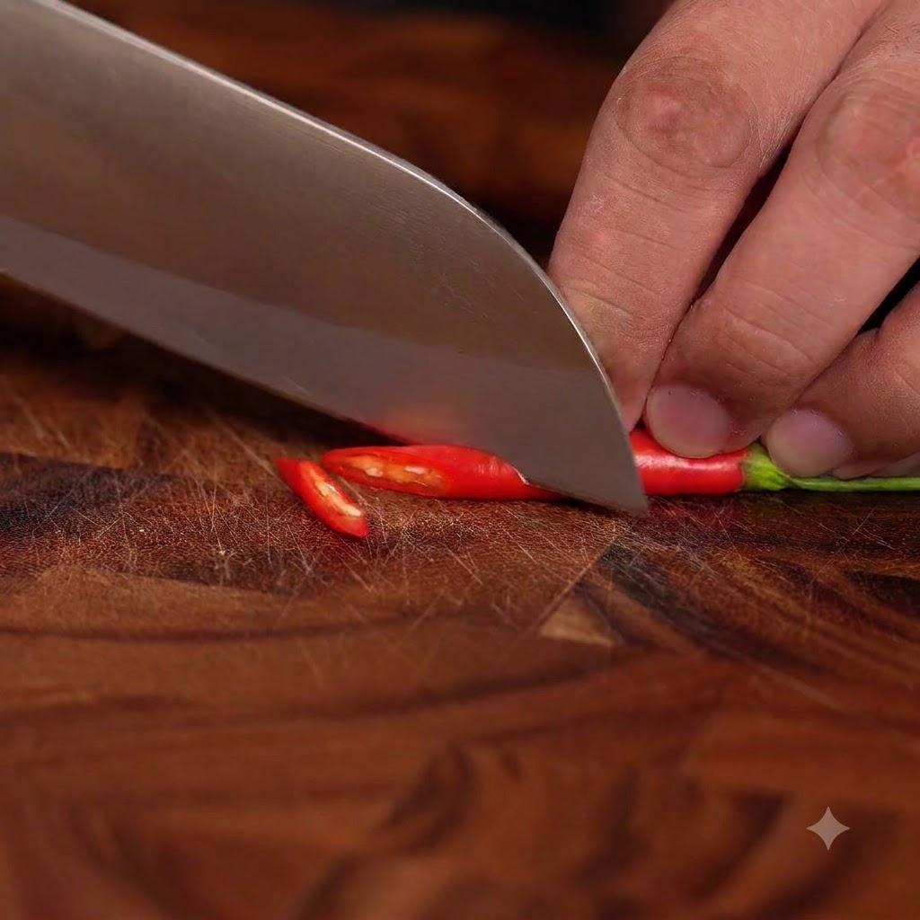 Un chile rojo cortado en pequeños aros redondos sobre una tabla de cortar de madera.