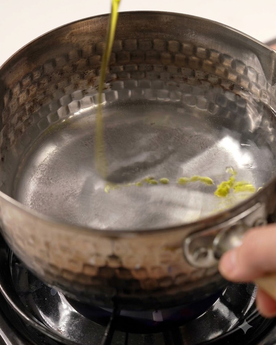 Aceite de oliva siendo vertido desde arriba en una olla llena de agua hirviendo con burbujas.