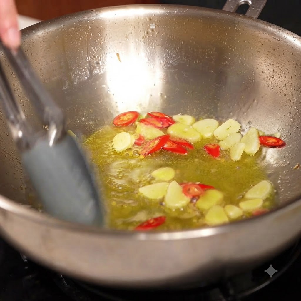Almejas frescas colocadas una por una en una sartén que contiene la mezcla de aceite de ajo y chile usando pinzas.