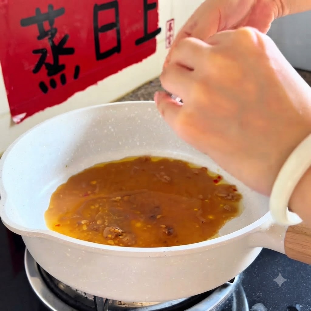 Manos exprimiendo un paquete de salsa en una sartén blanca llena de líquido sazonado.