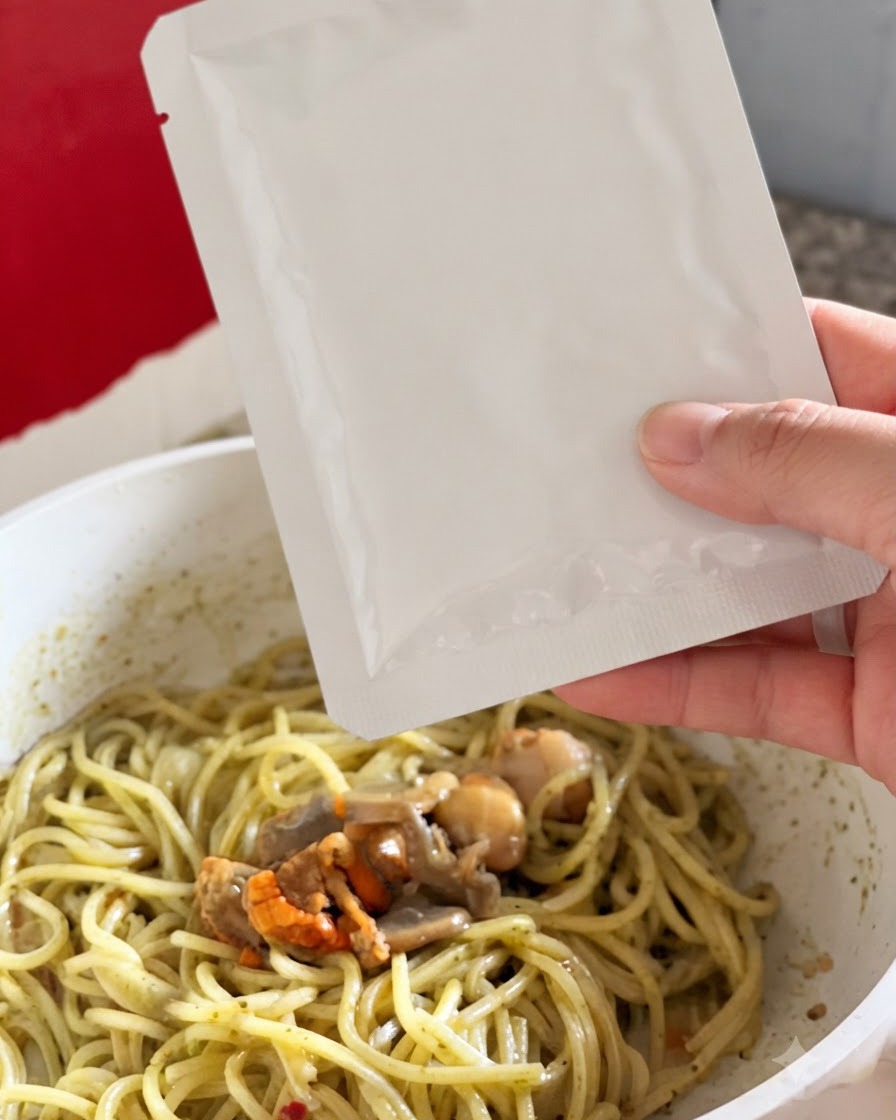 Una mano sosteniendo un paquete de aluminio blanco sobre una sartén blanca, vertiendo la guarnición de almejas y verduras en un lote de pasta al pesto verde.