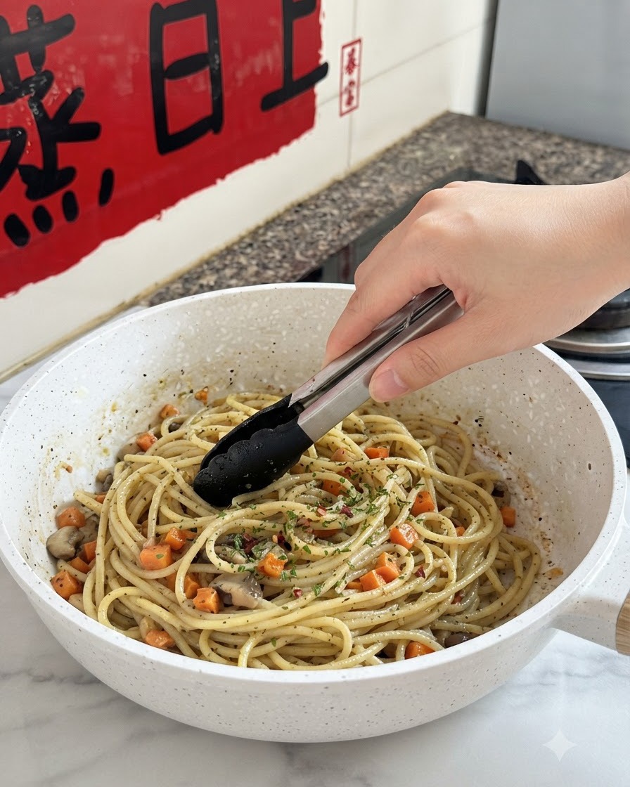 Pinzas mezclando pasta, zanahorias en dados, champiñones y hierbas en una sartén blanca.