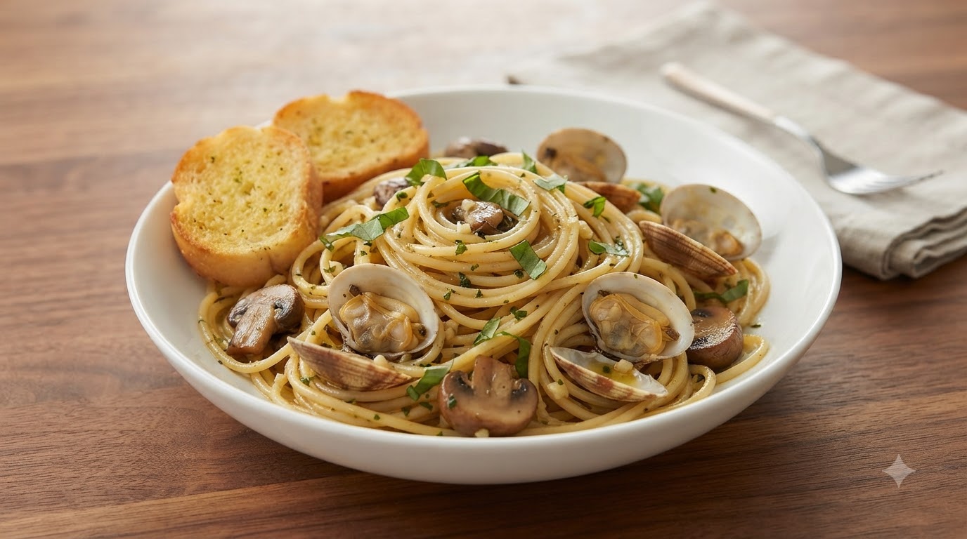 Pasta con Almejas, Ajo, Albahaca y Vino Blanco