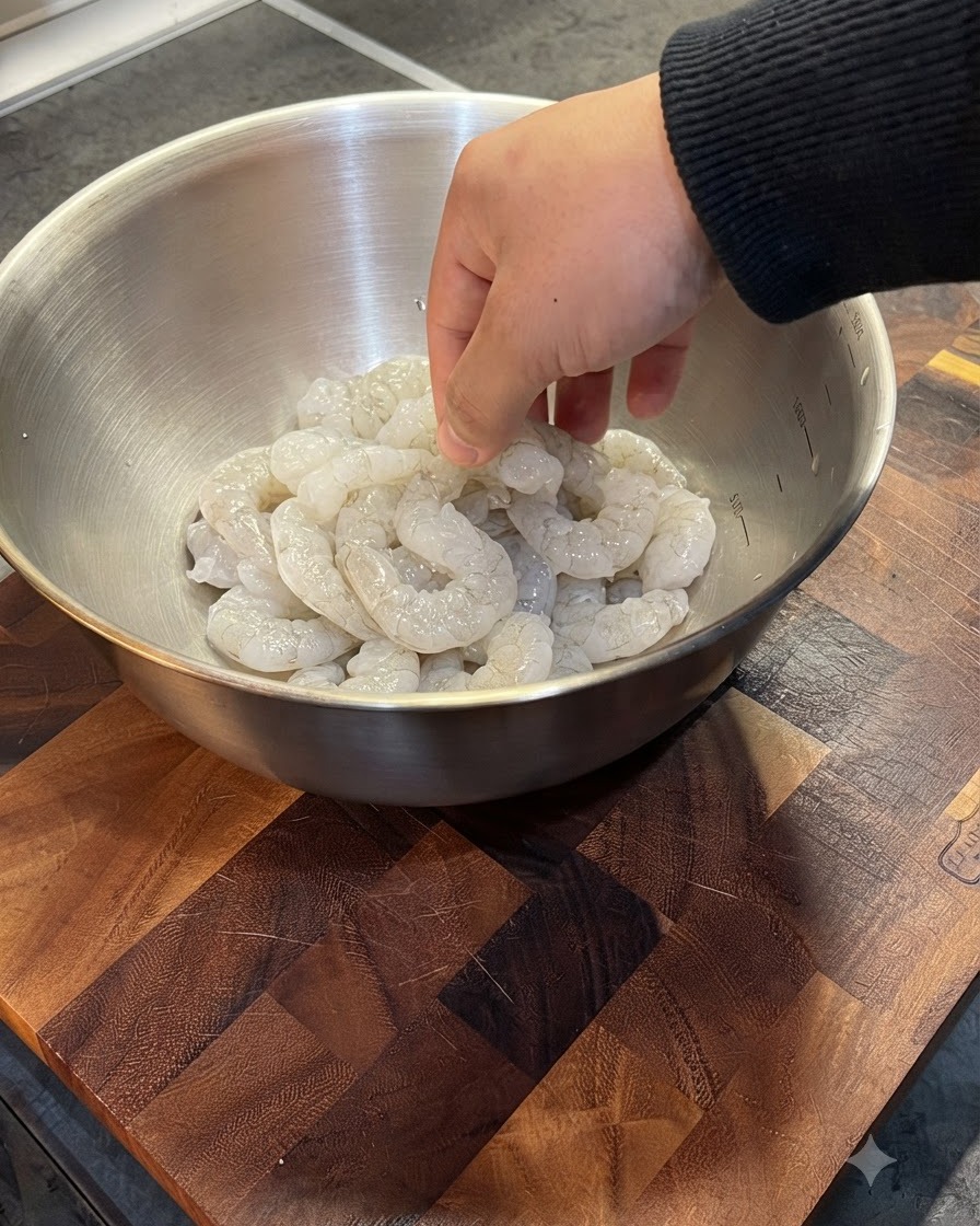 Camarones congelados en un recipiente de metal sumergidos en agua tibia.