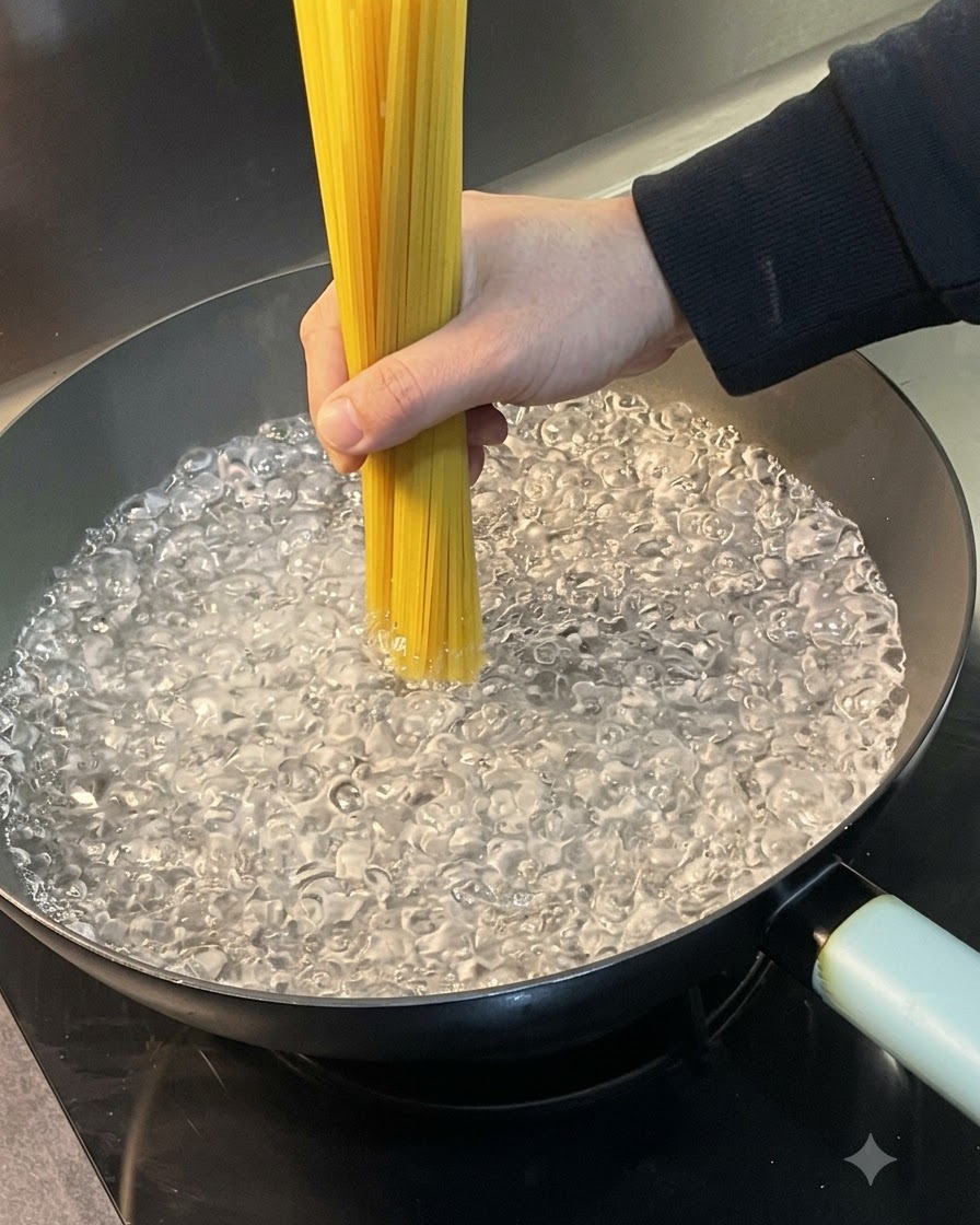 Un manojo de espaguetis crudos introduciéndose en una olla con agua hirviendo.