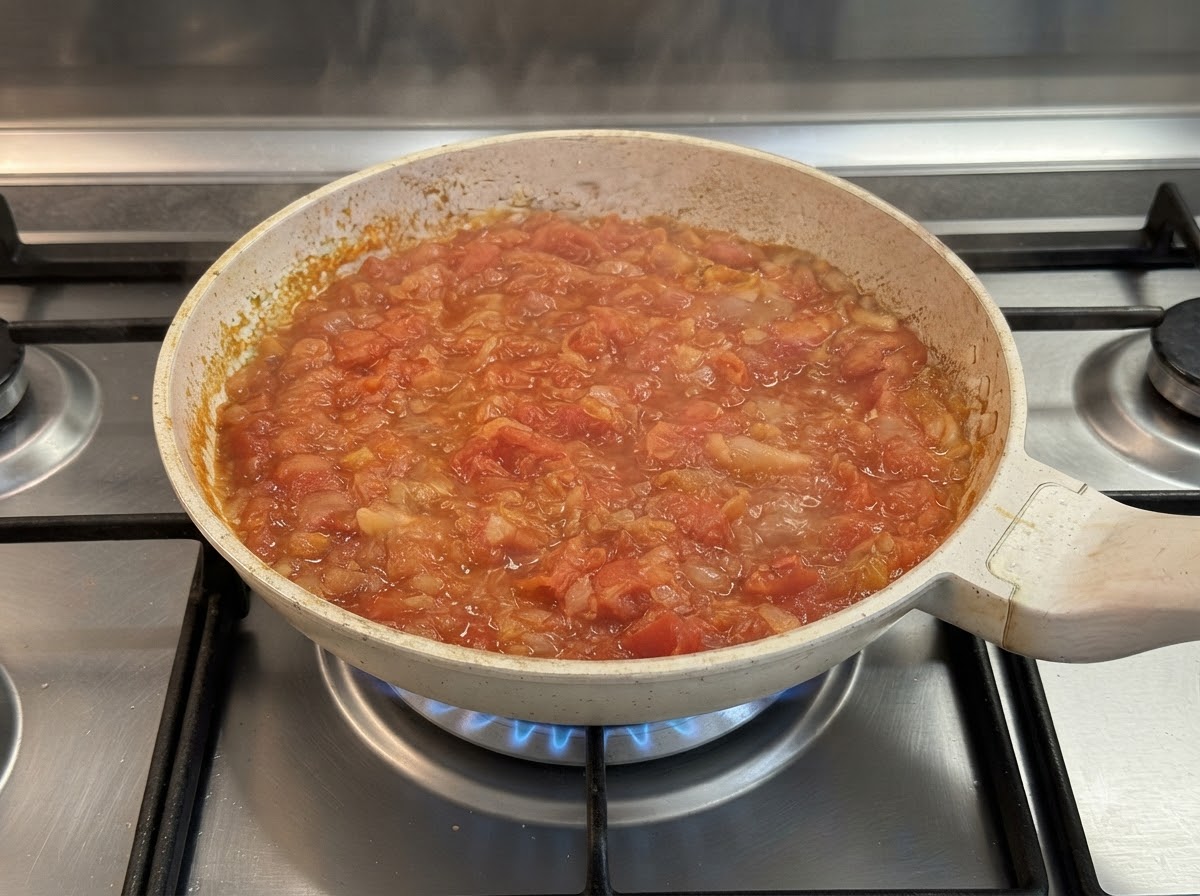 Salsa de tomate a fuego lento en una sartén mientras el queso crema se derrite en ella.