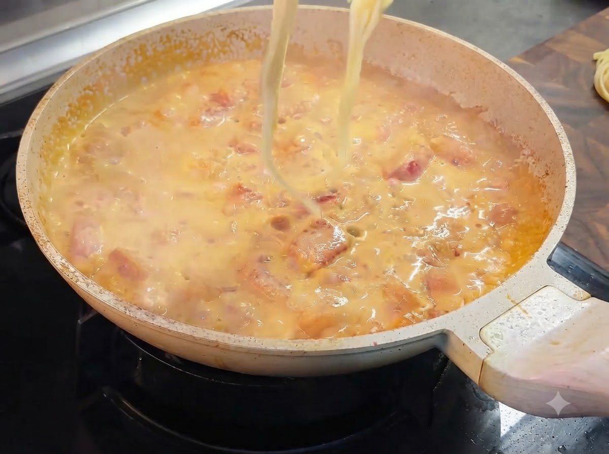 Hilos de pasta cocida siendo levantados con pinzas y colocados en la sartén con salsa de tomate cremosa.