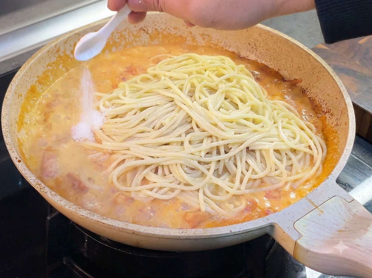Una cucharada de sal siendo espolvoreada sobre los espaguetis cocidos que descansan en una salsa de tomate cremosa dentro de una sartén.