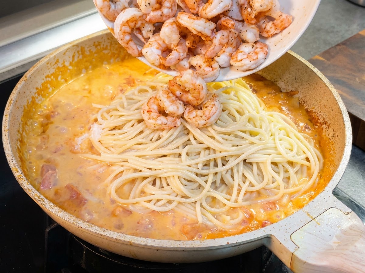 Camarones fritos siendo vertidos desde un plato blanco a una sartén llena de espaguetis y salsa cremosa.