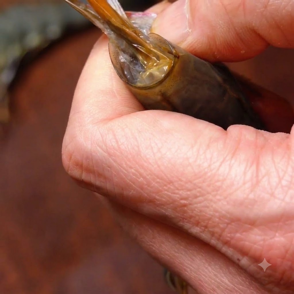 Primer plano de manos pelando y desvenando un camarón tigre negro crudo sobre una superficie de madera oscura.
