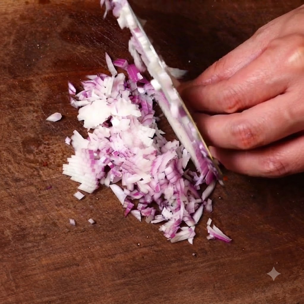 Una mano usando un cuchillo de chef para picar finamente una cebolla roja en una tabla de cortar de madera.