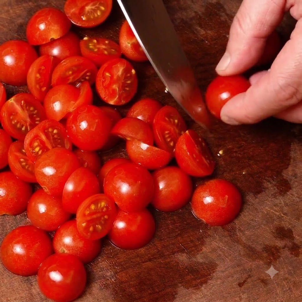 Tomates cherry siendo cortados por la mitad en una tabla de cortar de madera con un cuchillo.