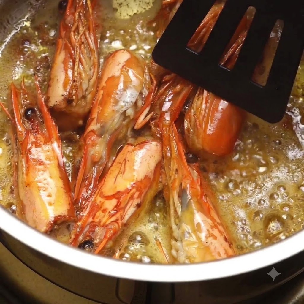 Cabezas de camarón friéndose en aceite de oliva burbujeante dentro de una olla, siendo aplastadas con una espátula negra.