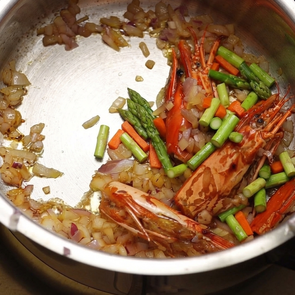 Zanahorias y apio picados siendo añadidos a una olla con aromáticos salteados y cabezas de camarón.