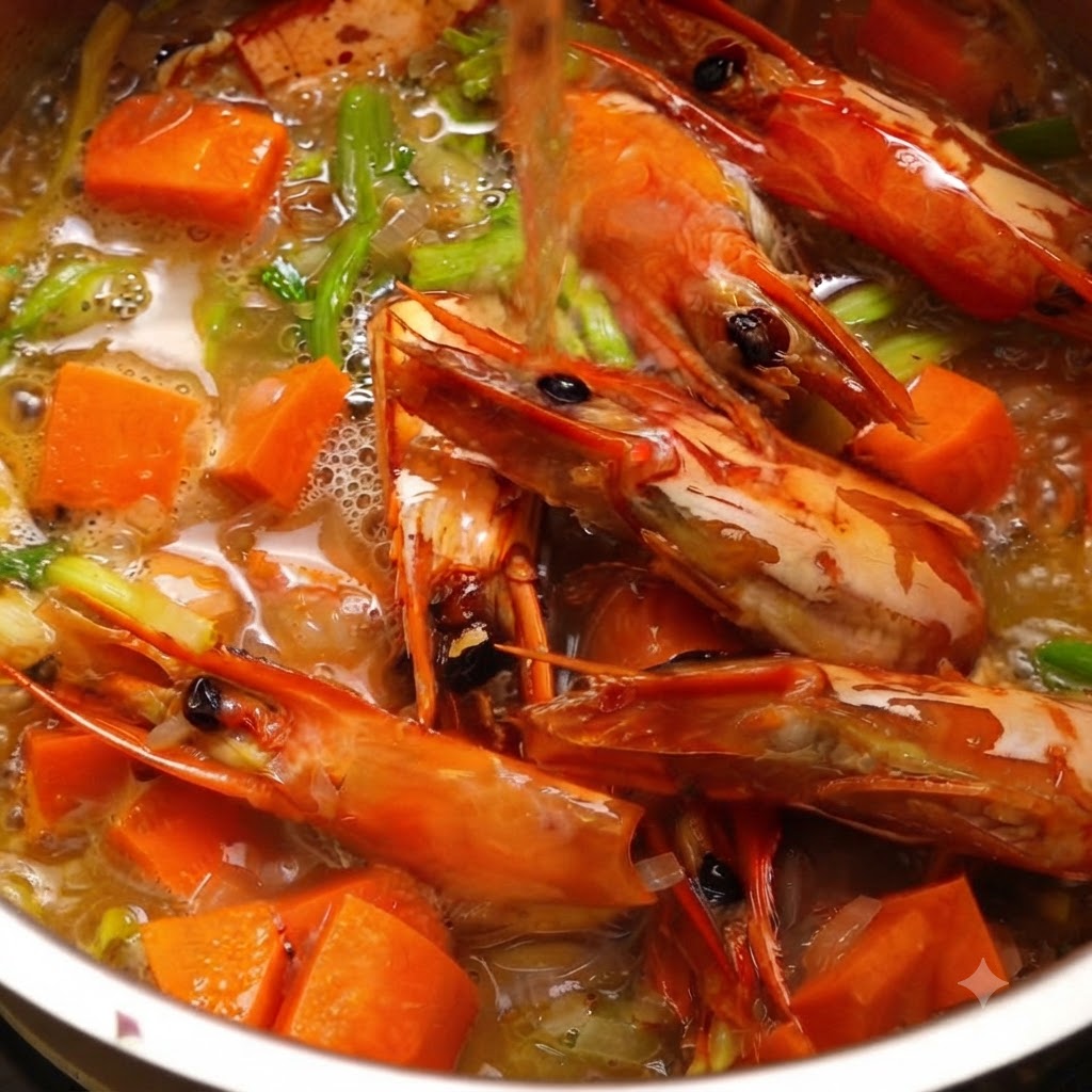 Vino blanco siendo vertido desde arriba en una olla de cocina que contiene verduras y cabezas de camarón.