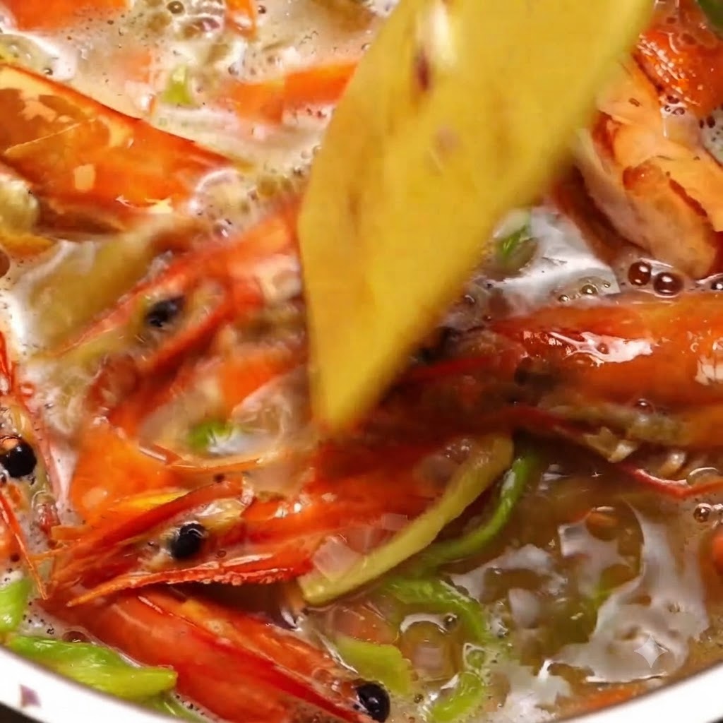 Tomates pelados en lata y agua siendo revueltos en una olla de cocción a fuego lento.