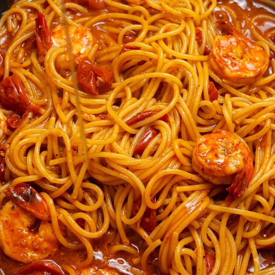 Fideos de espagueti y camarones cocidos siendo mezclados en una rica salsa de tomate rojo en una sartén.