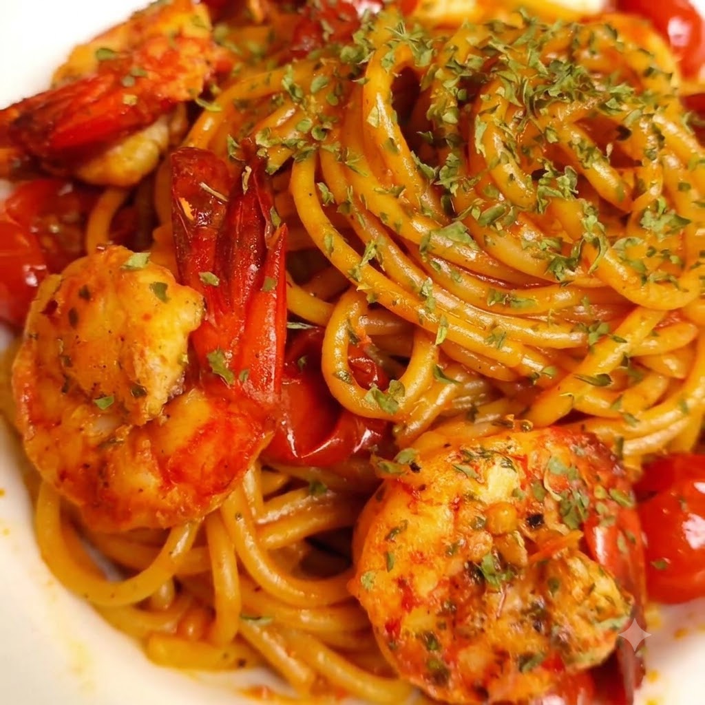 Una vista de cerca de espaguetis con camarones y tomate servidos en un plato y adornados con perejil verde picado.