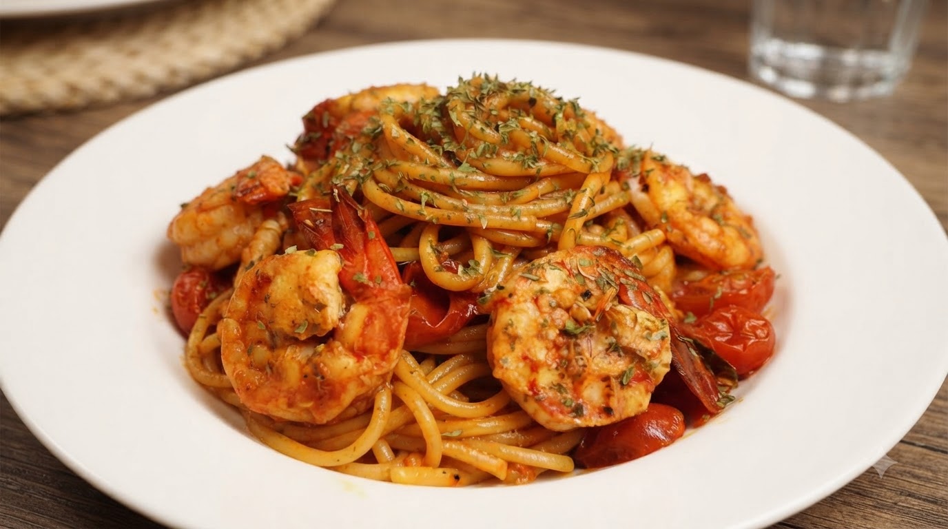 Espaguetis Caseros con Camarones y Tomate