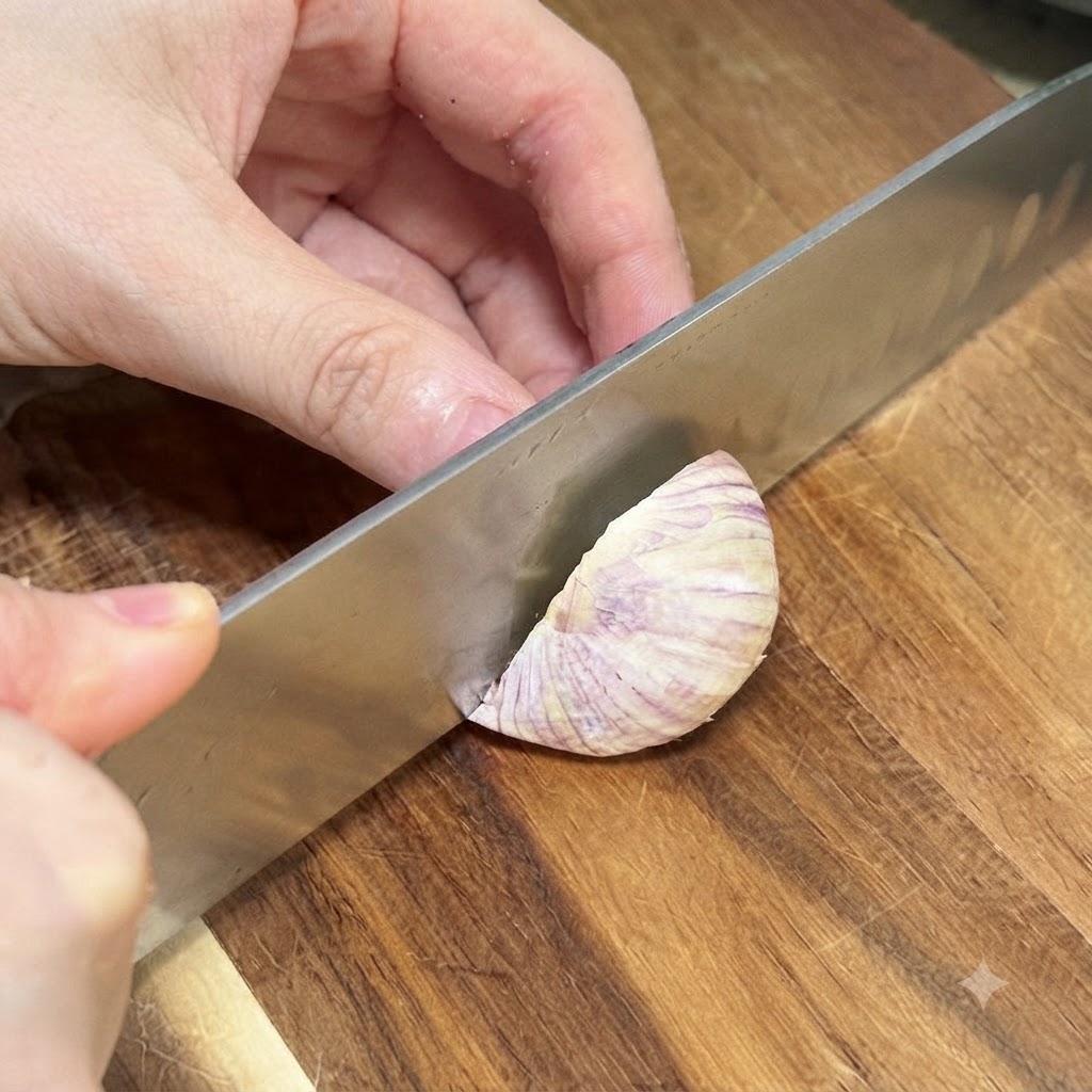 Una vista de cerca de los dientes de ajo siendo picados en trozos finos sobre una tabla de madera.