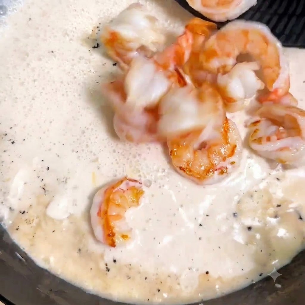 Camarones cocidos y pasta espagueti hervida siendo incorporados a la salsa de crema burbujeante en una sartén.