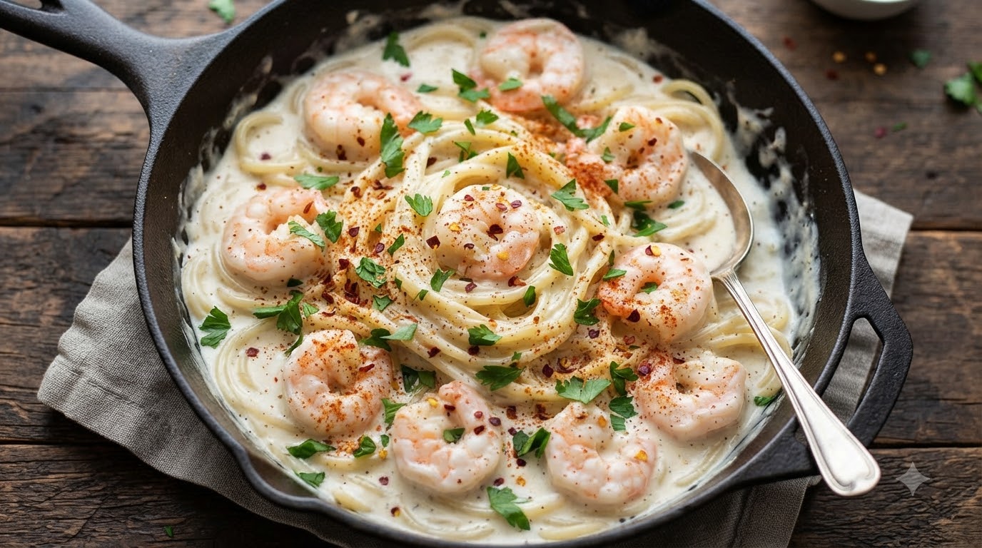 Pasta Cremosa con Camarones y Ajo