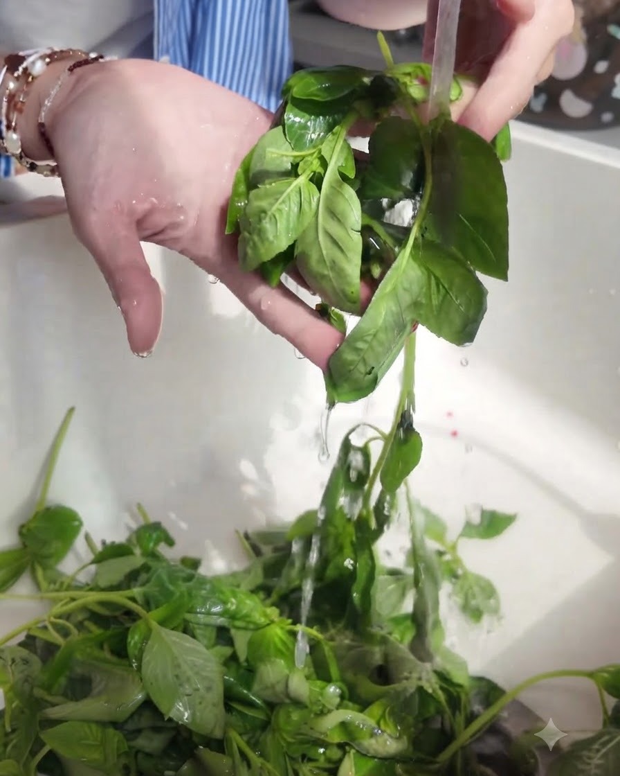 Hojas de albahaca verde fresca enjuagándose a fondo bajo el grifo de la cocina.
