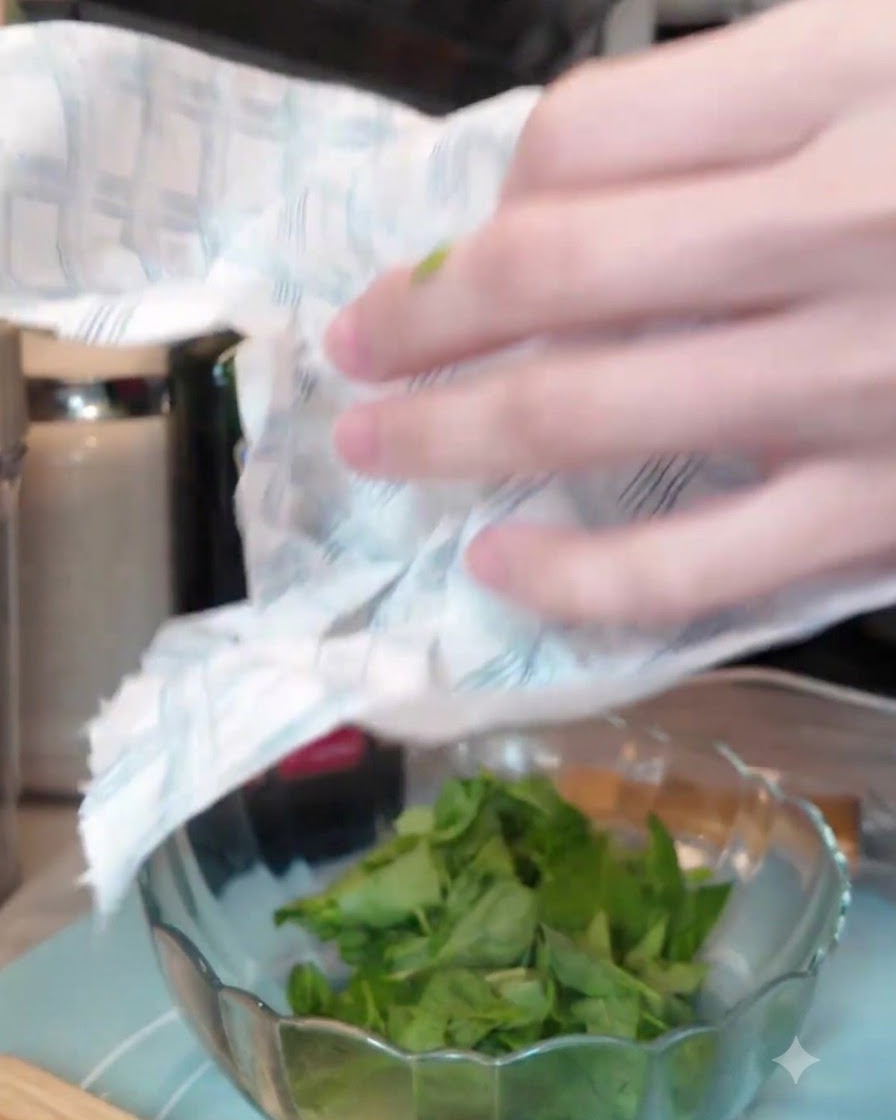 Una persona usando toallas de papel de cocina para secar cuidadosamente hojas de albahaca verde fresca en un tazón de vidrio.