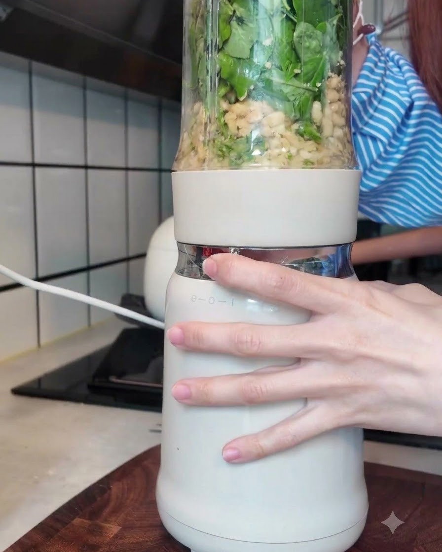 Una licuadora procesando activamente albahaca, frutos secos, queso y aceite hasta obtener una salsa verde brillante y suave.
