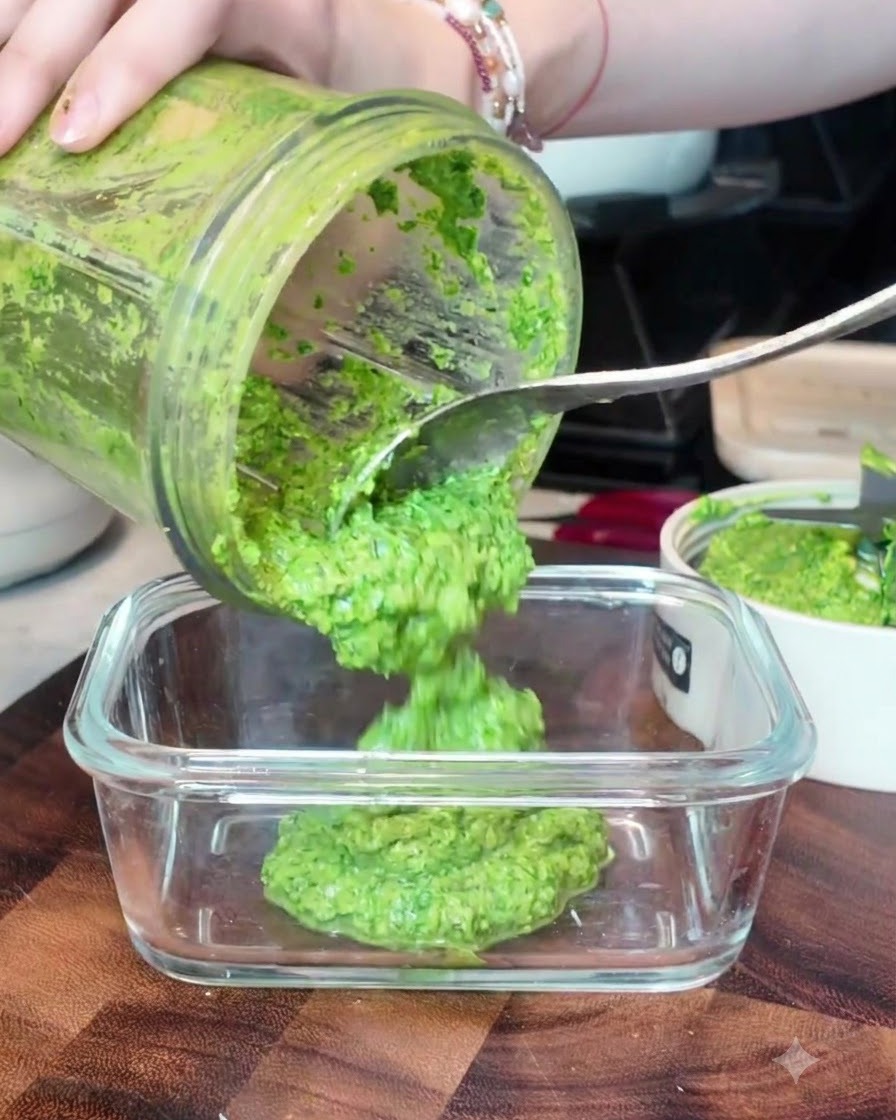 Pesto de albahaca verde vibrante siendo retirado con una cuchara desde el vaso de la licuadora hacia un recipiente de vidrio transparente.