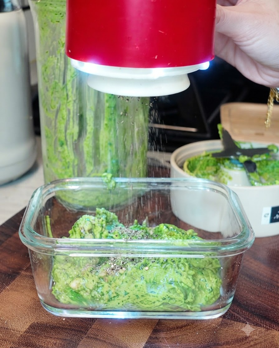 Pimienta negra y sal marina siendo espolvoreadas desde un salero rojo sobre el pesto de albahaca verde en un plato rectangular de vidrio.