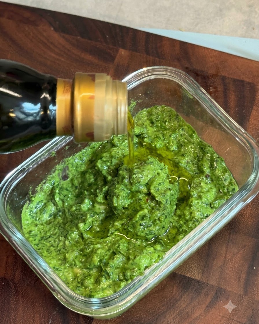 Aceite de oliva siendo vertido desde una botella de vidrio para formar una capa protectora sobre el vibrante pesto de albahaca verde.