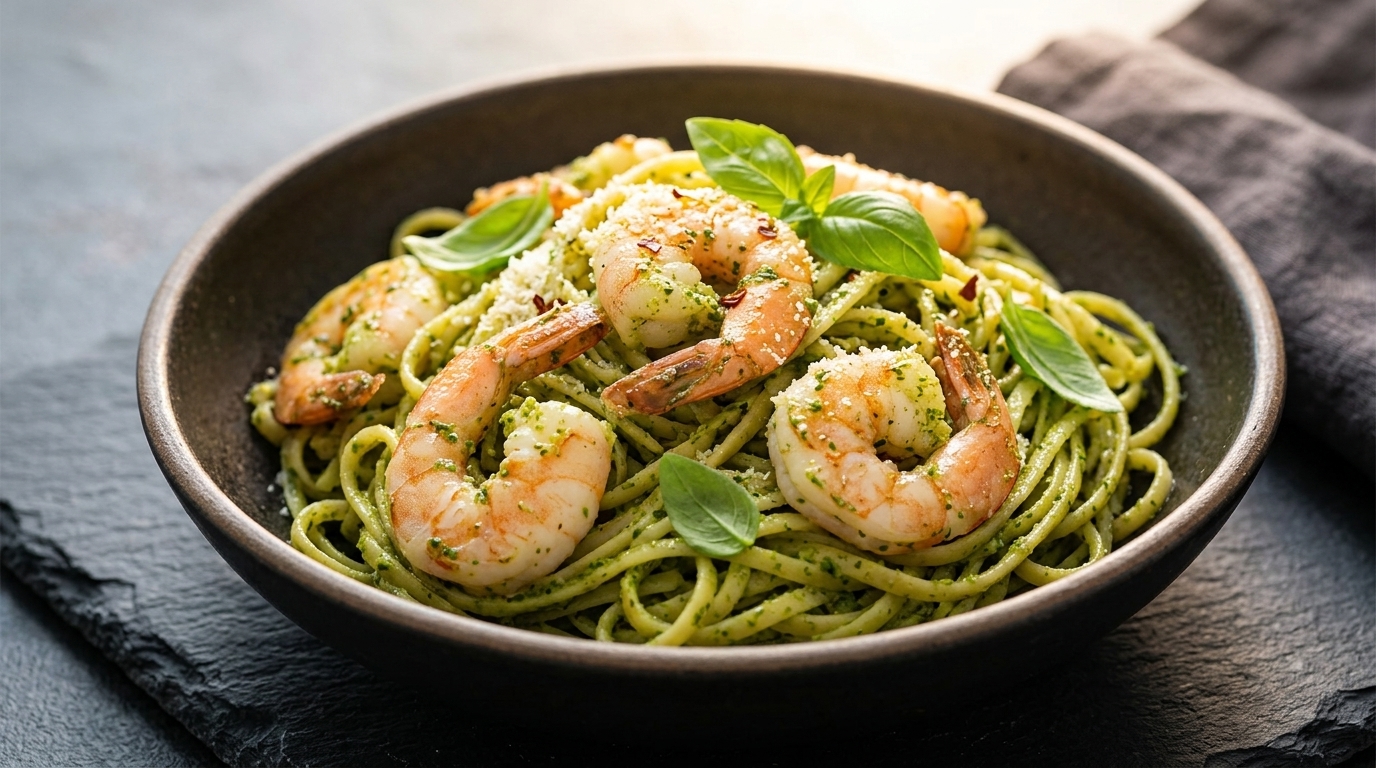 Pasta con Pesto de Albahaca Fresca y Camarones