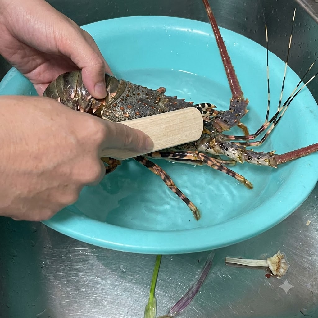 Manos sosteniendo una langosta espinosa viva en un recipiente azul claro, usando un cepillo de madera para frotar el caparazón bajo el agua del grifo.