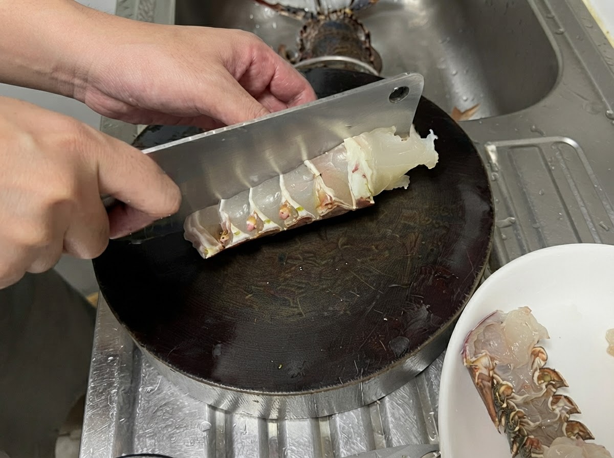 Un gran cuchillo de carnicero de metal cortando una cola de langosta cruda en una tabla de cortar redonda y oscura para crear trozos gruesos y uniformes.