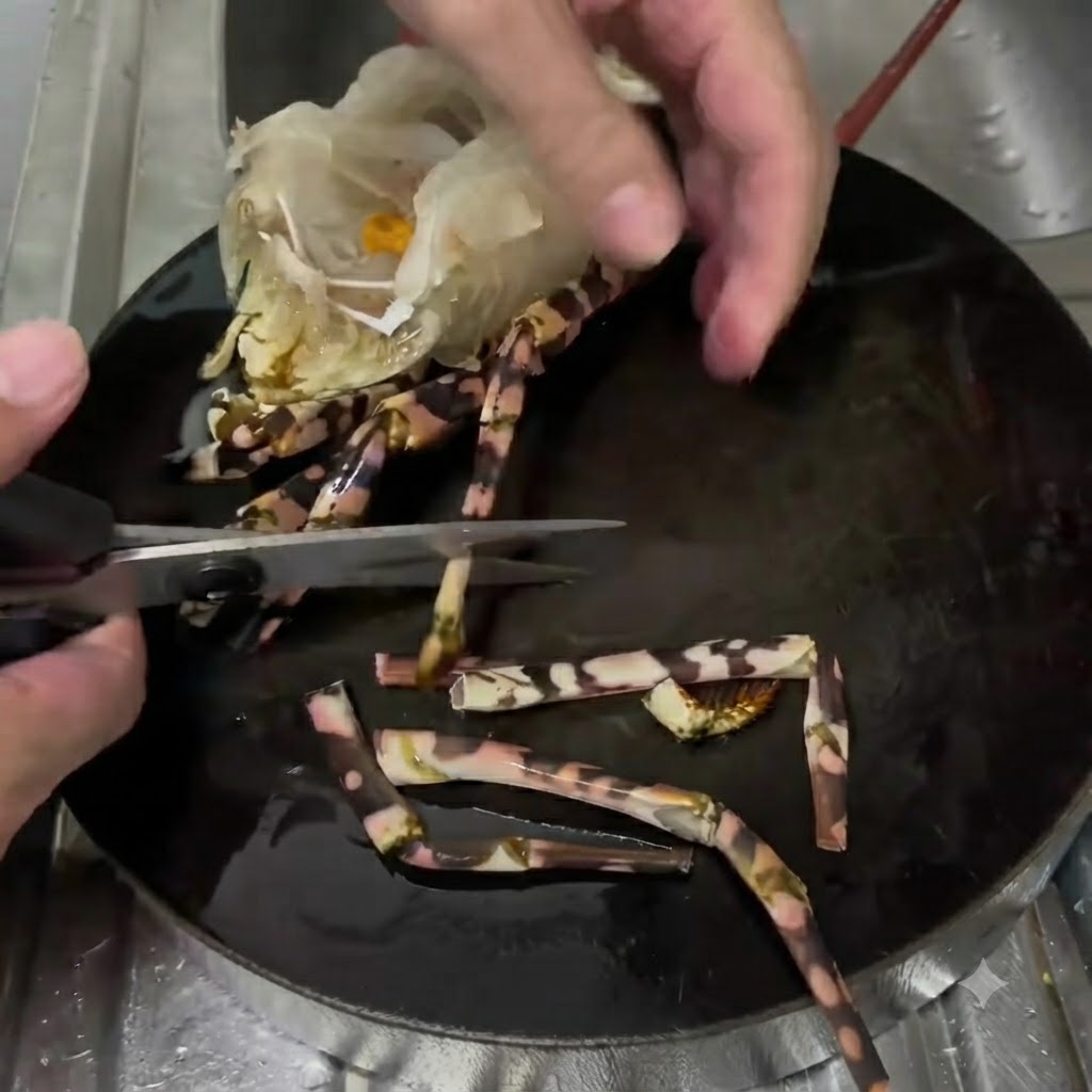 Tijeras de cocina cortando las patas pequeñas de la porción de la cabeza de una langosta cruda que descansa sobre un plato oscuro.