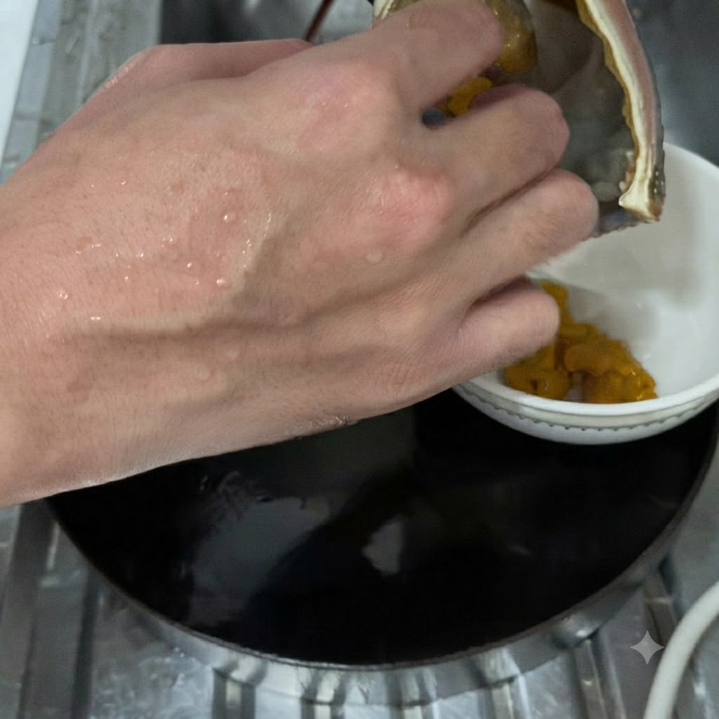 Manos sacando la pasta amarilla de langosta de la cavidad de la cabeza y depositándola en un tazón blanco pequeño.