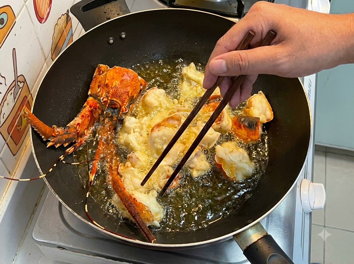 Trozos y caparazones de langosta rebozados friéndose en aceite caliente y burbujeante dentro de un wok.