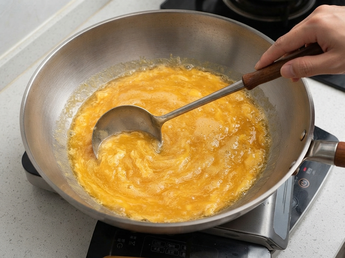 Un cazo removiendo una salsa de queso amarillo dorado brillante y burbujeante dentro de un wok.