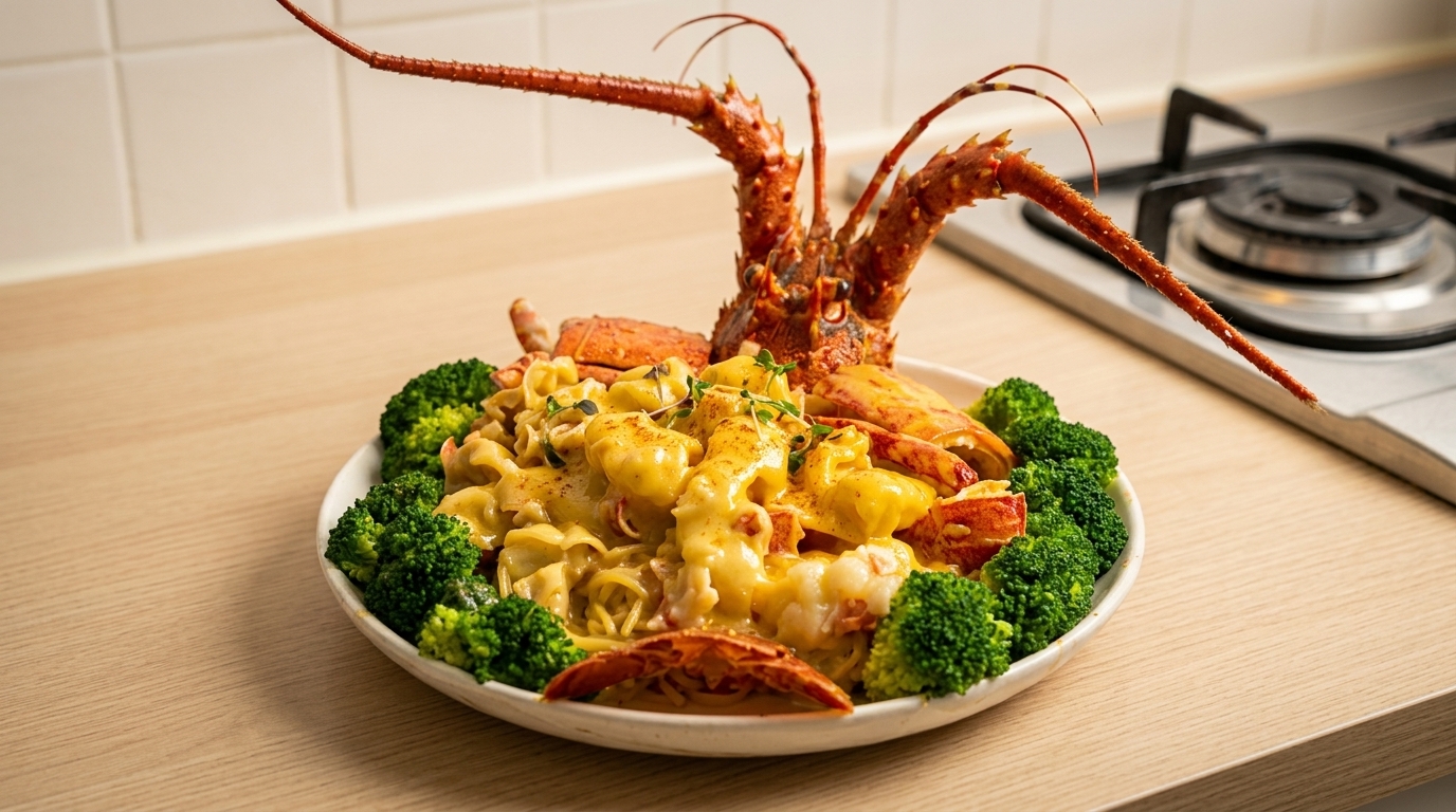 Langosta Espinosa al Horno con Queso y Fideos E-fu