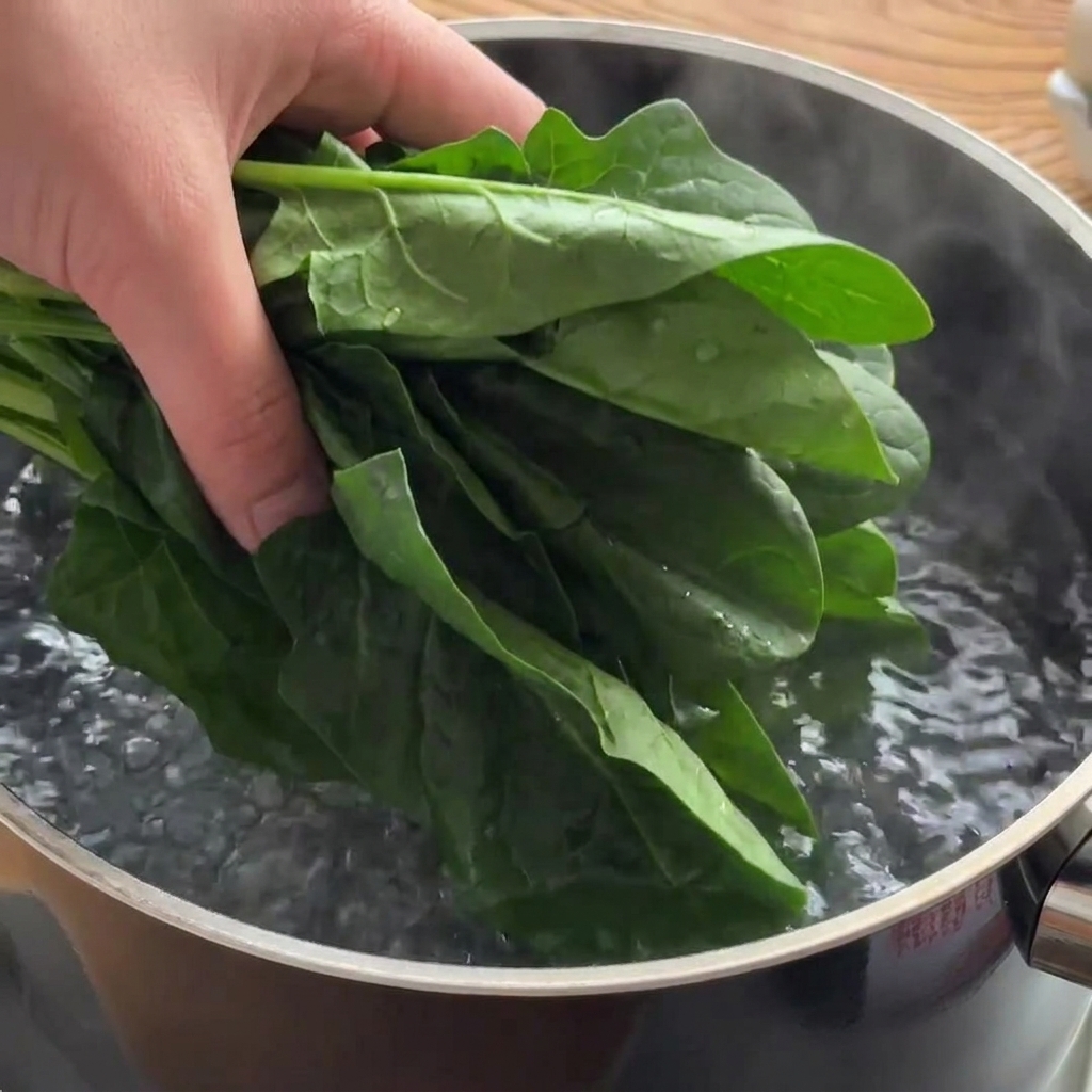 Una mano sosteniendo hojas de espinaca fresca y colocándolas en una olla con agua hirviendo rápidamente.
