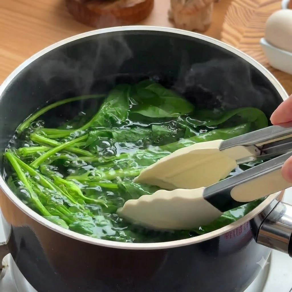 Hojas de espinaca verde siendo retiradas del agua hirviendo y colocadas en un baño de agua con hielo.