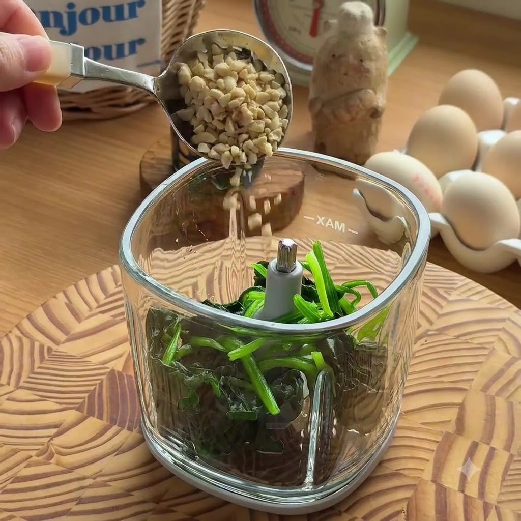 Una cuchara de metal vertiendo frutos secos claros picados en un procesador de alimentos que contiene espinacas blanqueadas.