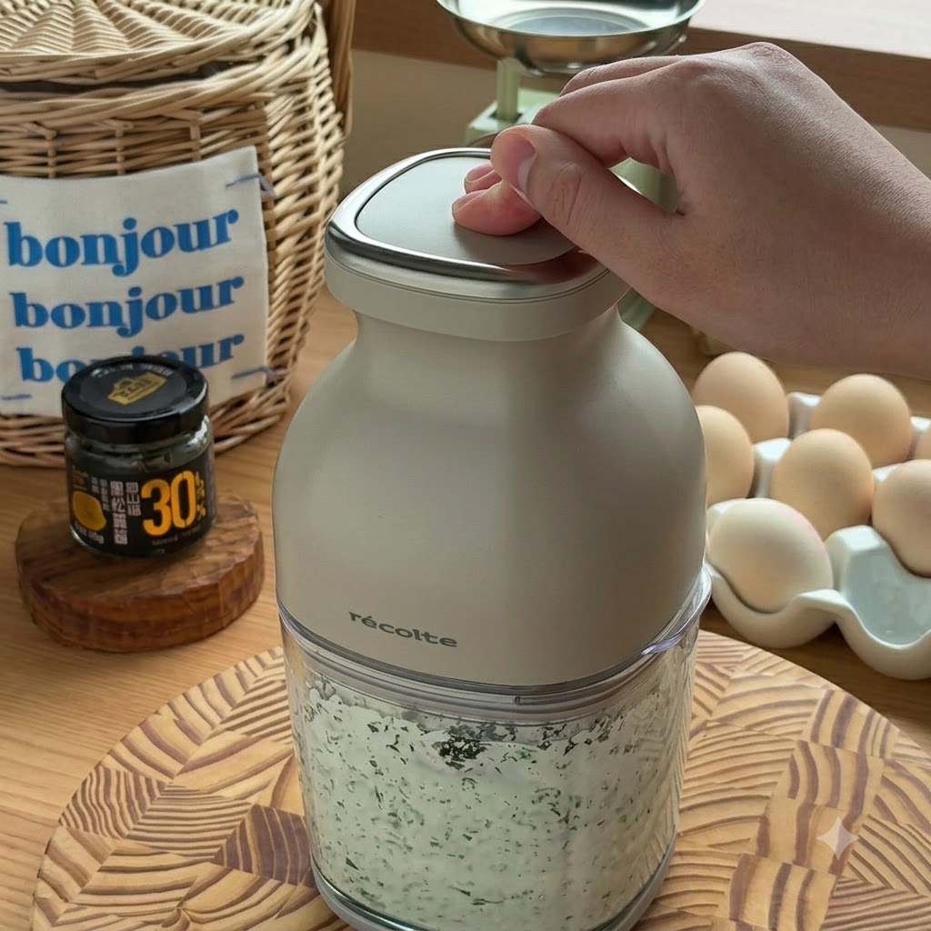 Una mano presionando la tapa de un procesador de alimentos beige mientras mezcla los ingredientes en una salsa verde.