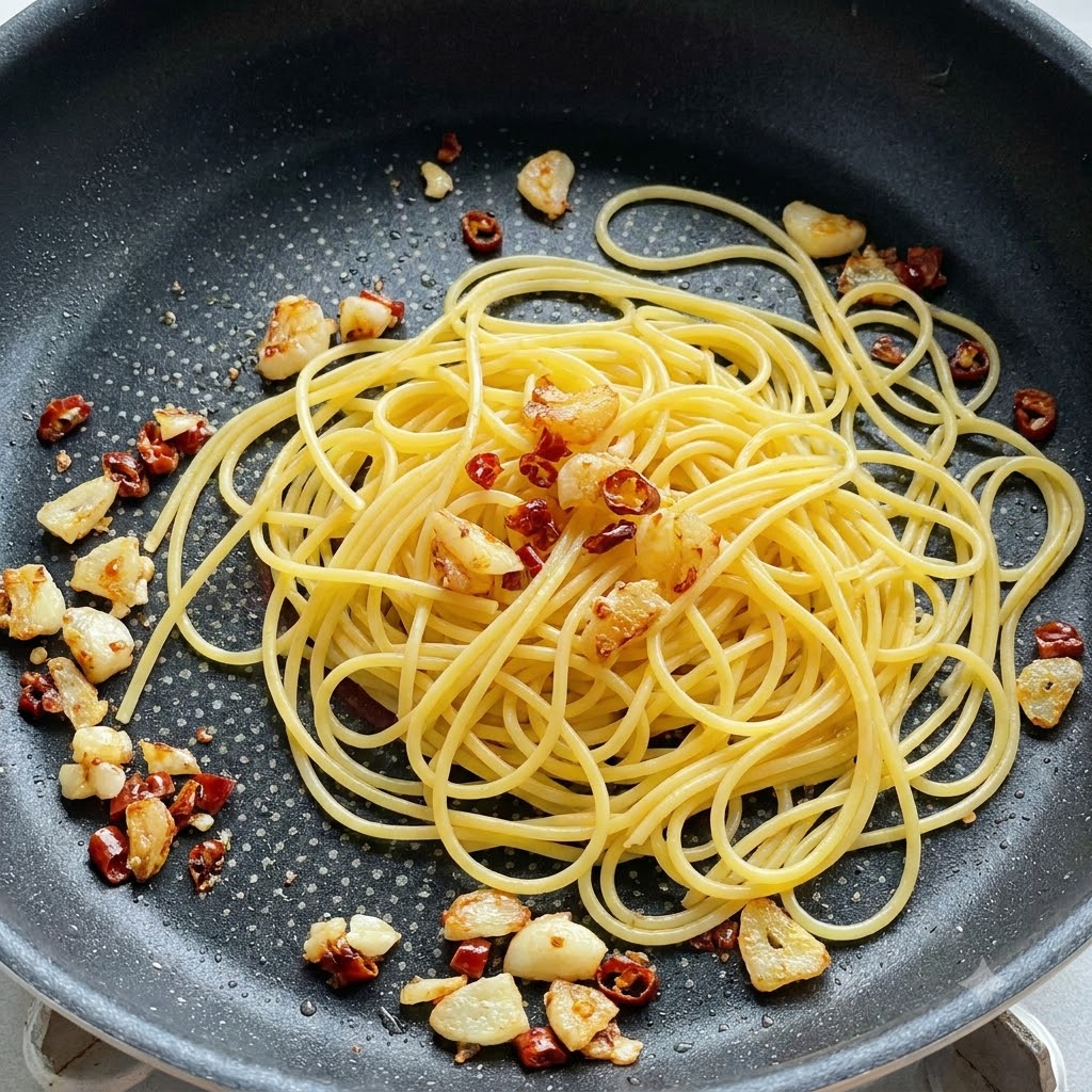 Fideos de espagueti cocidos en una sartén junto con ajo salteado y trozos de chile.