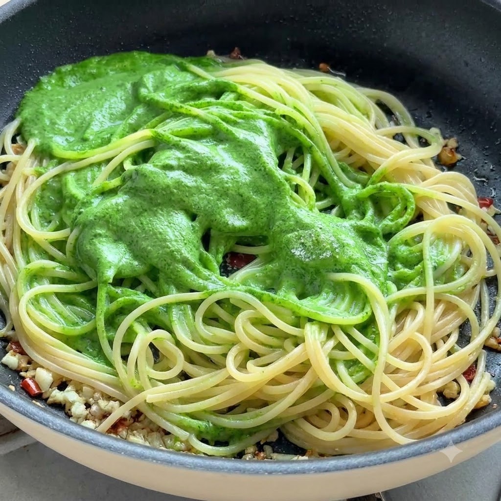 Fideos de espagueti y salsa de pesto verde siendo mezclados y revueltos en una sartén con pinzas de cocina.