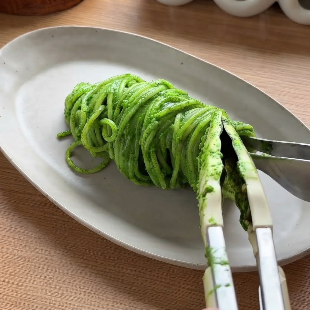 Pinzas sosteniendo y emplatando una porción ordenada y enrollada de espagueti al pesto verde en un plato ovalado blanco.