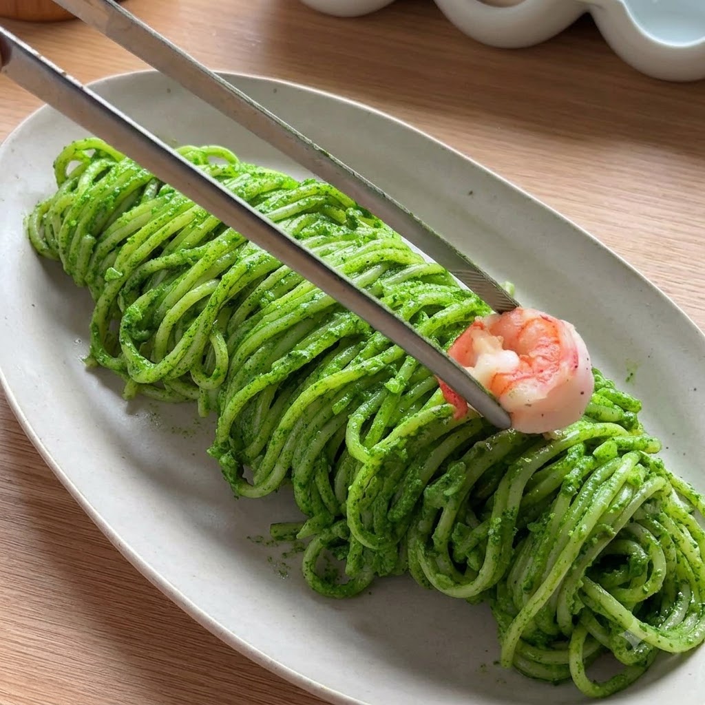 Un par de pinzas colocando un camarón rosado cocido encima del espagueti al pesto verde emplatado.