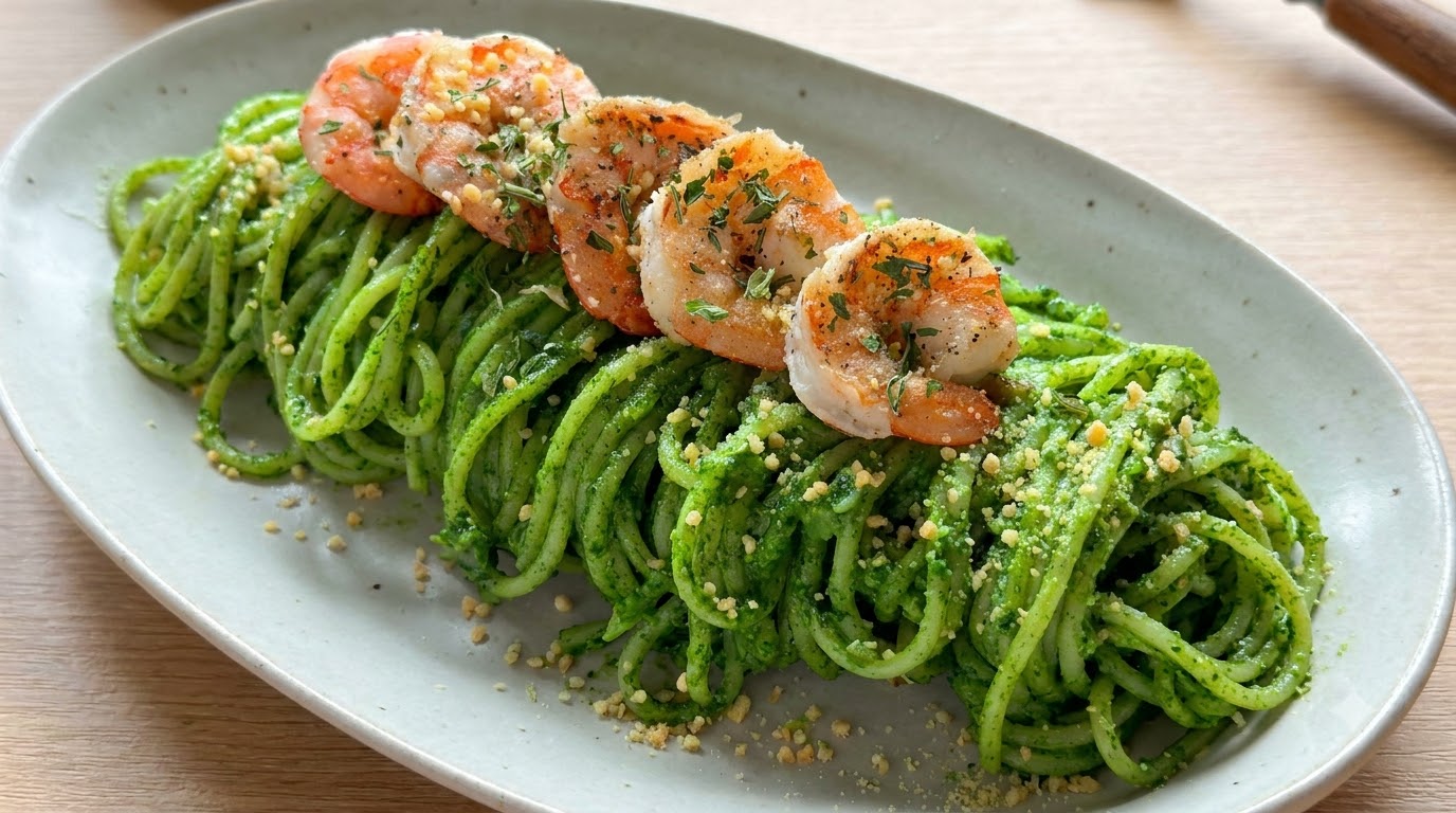 Un plato de pasta al pesto verde vibrante coronado con camarones salteados sazonados y queso rallado