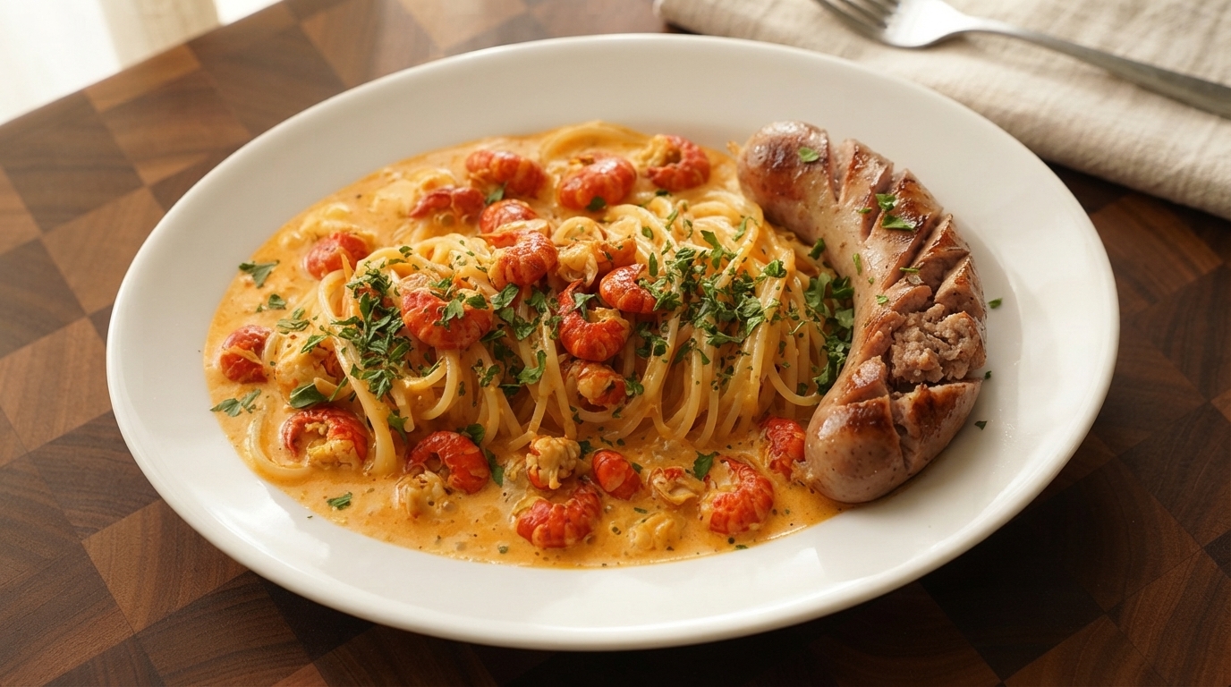 Pasta Picante y Cremosa de Cangrejo de Río con Salchicha Asada